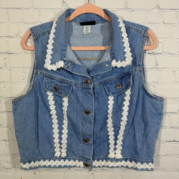 Faded Glory Jackets & Blazers - Vintage 90s Y2K Retro Denim Jacket Women XL Button Lace Grunge Fairy Crop Top